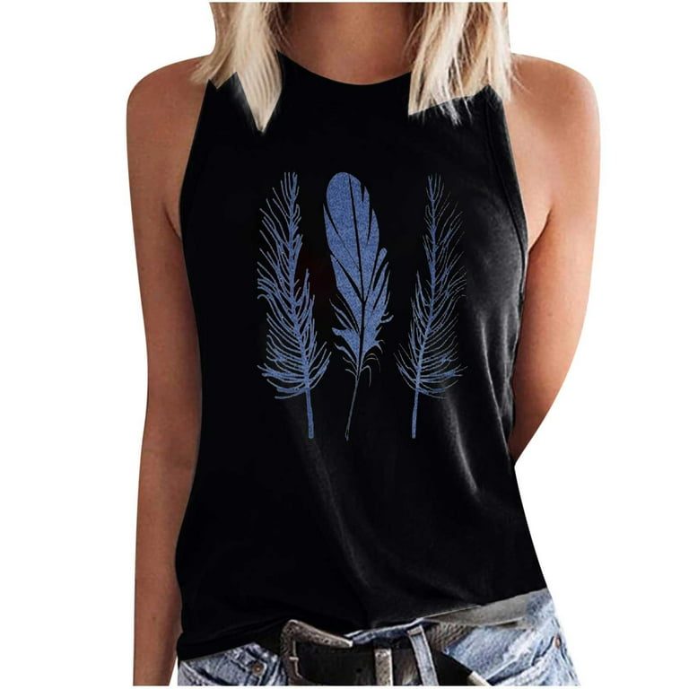 SMihono Summer Beach Tank Tops for Women Seamless Sleeveless Tanks Feathers  Print Camis Crew Neck Young Adult Shirts Skinny Slim Fit Flowy Blouse  Stretch Classic Body Suits Trendy 2023 Black 4 
