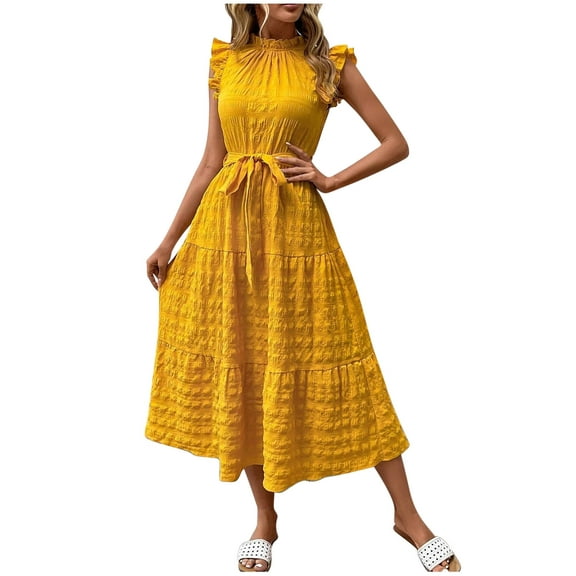 SMihono Summer Casual Flutter Short Sleeve Midi Dress,Solid Ruffle Trim Belted Dress,Boho Dresses for Women 2025 Fall Casual Yellow M