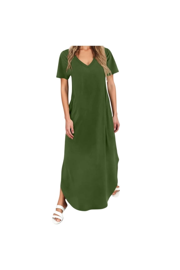 Summer Casual Maxi Dresses for Women- Women's V Neck Cap Sleeve Long Sundress with Pockets Beach Vacation Green S