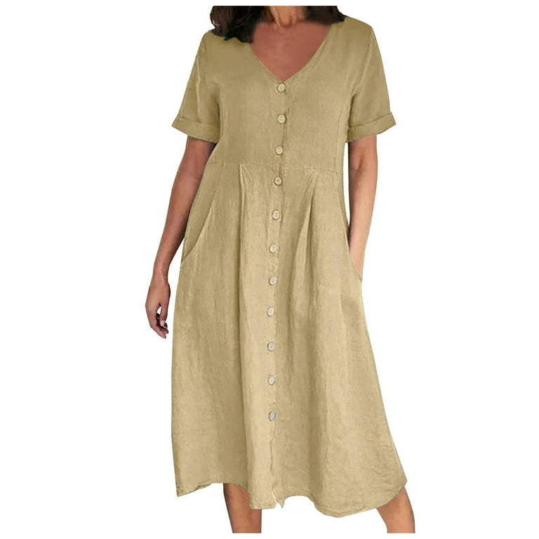 Smihono Summer Cotton Linen Plus Size Shift Dress with Pockets for Women Breathable Solid Color Buttons V Neck Babydoll Beach Relaxed Comfy Loose