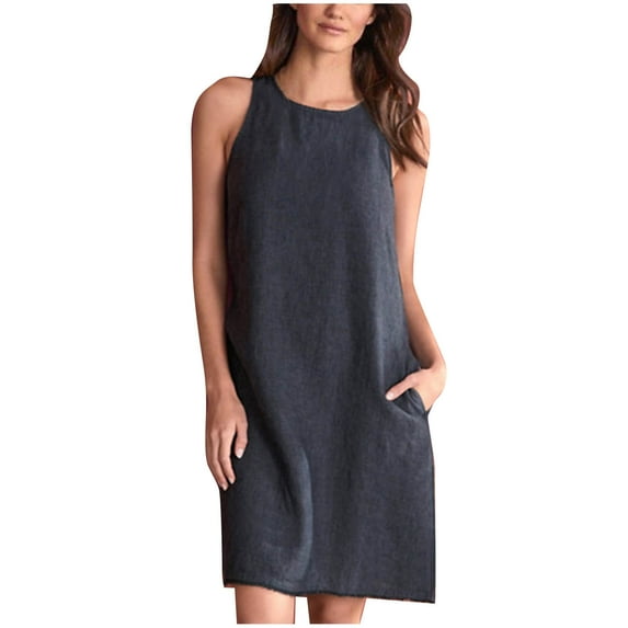 SMihono Summer Cotton Linen Shift Tank Dress with Pockets for Women Sleeveless Comfy Solid House Dress Strap Crew Neck Babydoll Breathable Loose Casual Beach Relaxed Pencil Dress Navy 14