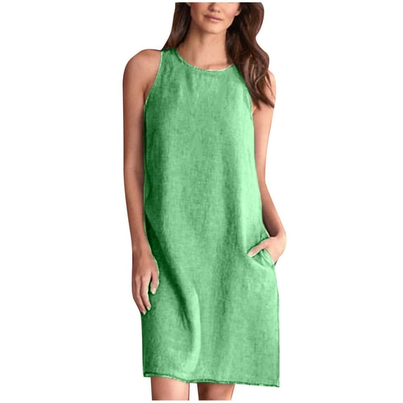SMihono Summer Cotton Linen Shift Tank Dress with Pockets for Women Sleeveless Comfy Solid House Dress Strap Crew Neck Babydoll Breathable Loose Casual Beach Relaxed Pencil Dress Green 12