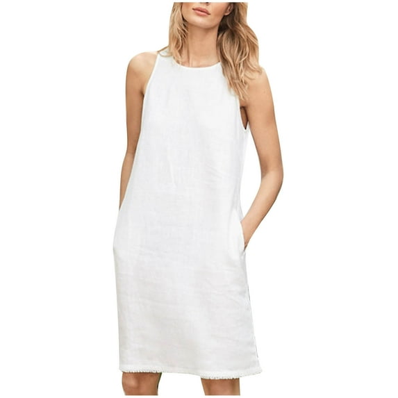 SMihono Summer Cotton Linen Shift Tank Dress with Pockets for Women Sleeveless Comfy Solid House Dress Strap Crew Neck Babydoll Breathable Loose Casual Beach Relaxed Pencil Dress White 14