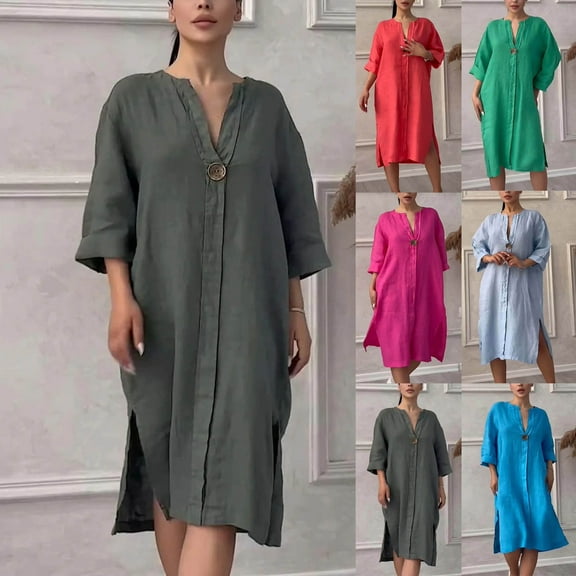 SMihono Summer Cotton Linen Shirt Dress for Women Solid V Neck Short Sleeve Button Dresses Plus Size Loose Side Split Dress Army Green XL