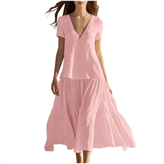 SMihono Summer Dress for Women 2025 Fashion Boho Ruffle Hem V Neck Vacation Dresses Casual Solid Loose Fit Flowy Swing Dress Pink XL
