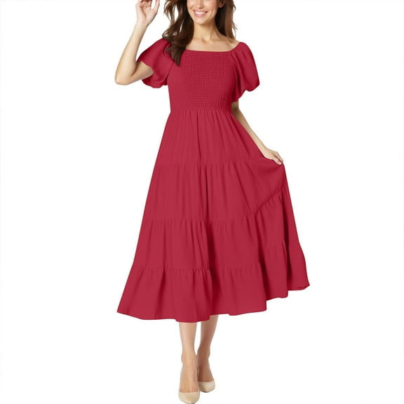 SMihono Summer Dresses for Women 2025 Comfy Square Neck Short Puff Sleeve Smocked Tiered Ruffle Hem Maxi Dress A Line Outfits Red M