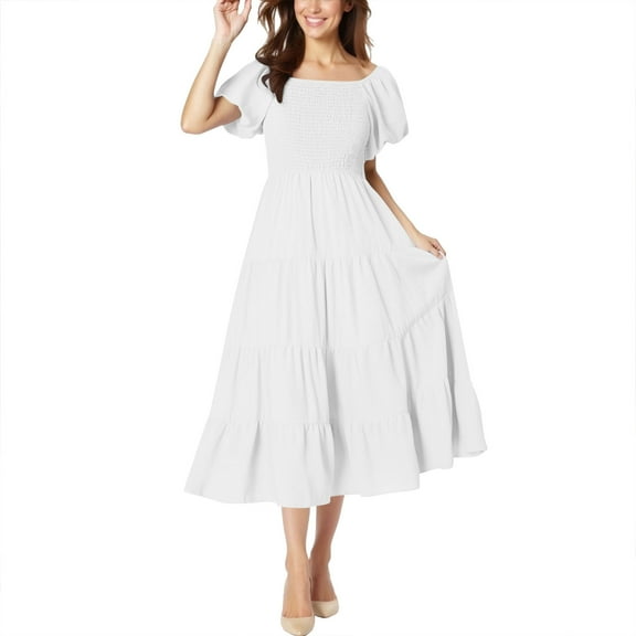 SMihono Summer Dresses for Women 2025 Comfy Square Neck Short Puff Sleeve Smocked Tiered Ruffle Hem Maxi Dress A Line Outfits White XL
