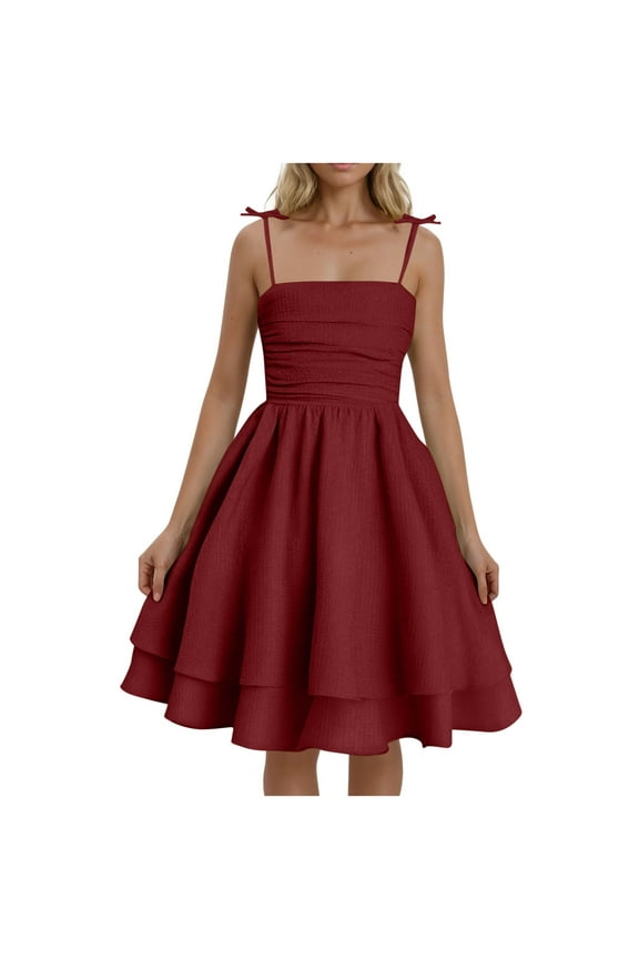 Summer Dresses for Women 2025 Double-Layer Mini Puff Dress Sleeveless Adjustable Spaghetti Straped Pleat Cute Sundresses Wine XL