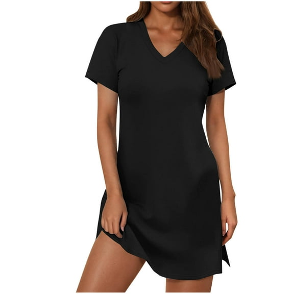 SMihono Summer Dresses for Women 2025 Fashion Side Slit Short Sleeve V-Neck T Shirt Mini Dress Solid Casual Outdoor Sundress Black S