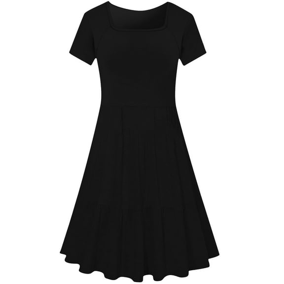 SMihono Summer Dresses for Women 2025 Square Neck Pleated Midi Dress Plain Short Sleeve Dress Beach Vacation Dresses Black XXXXL