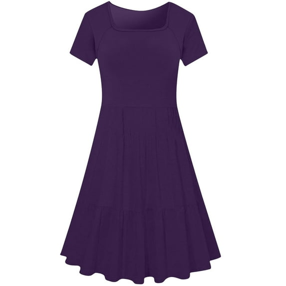 SMihono Summer Dresses for Women 2025 Square Neck Pleated Midi Dress Plain Short Sleeve Dress Beach Vacation Dresses Purple XXXXXL