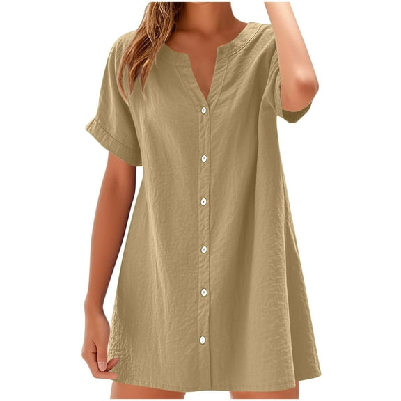 SMihono Summer Linen Work Tops for Women Trendy Button Down Plus Size V Neck Boho Clothes Fall Tops for Women 2025 Khaki M