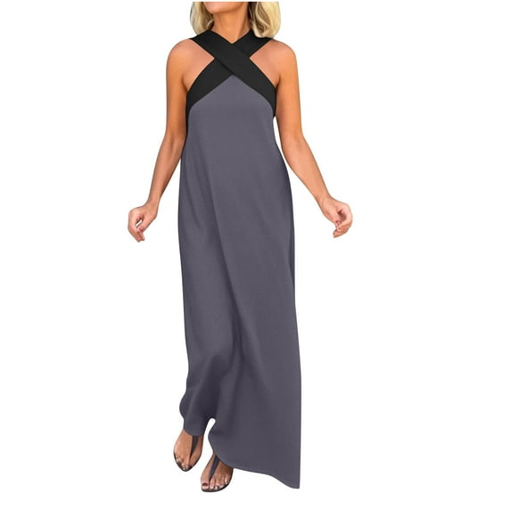 SMihono Summer Long Dresses for Women 2025 Elegant Criss Cross Halter Neck Backless Wedding Guest Dresses Sexy Maxi Sundress Gray L