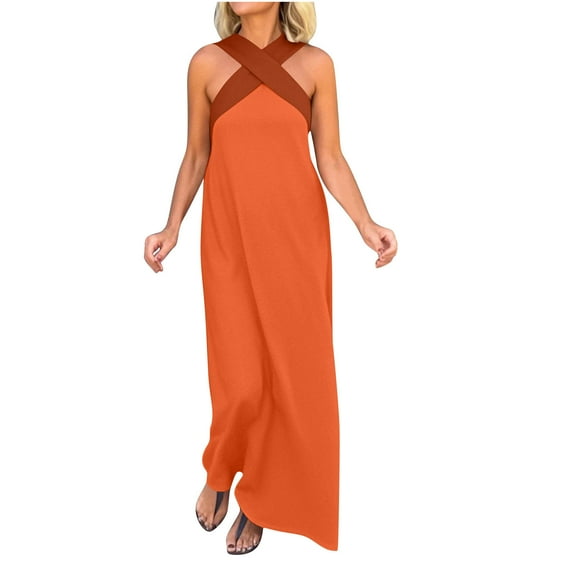 SMihono Summer Long Dresses for Women 2025 Elegant Criss Cross Halter Neck Backless Wedding Guest Dresses Sexy Maxi Sundress Orange S