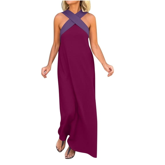 SMihono Summer Long Dresses for Women 2025 Elegant Criss Cross Halter Neck Backless Wedding Guest Dresses Sexy Maxi Sundress Purple L