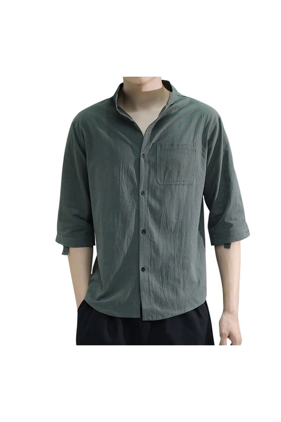 Summer Mens Linen Shirts Casual Button Down Tops Stand Collar Pullover Classic Staple Shirts for Men Summer Cozy Clothes Solid Color Shirt Long Sleeve Tee Tops Green XXXXL