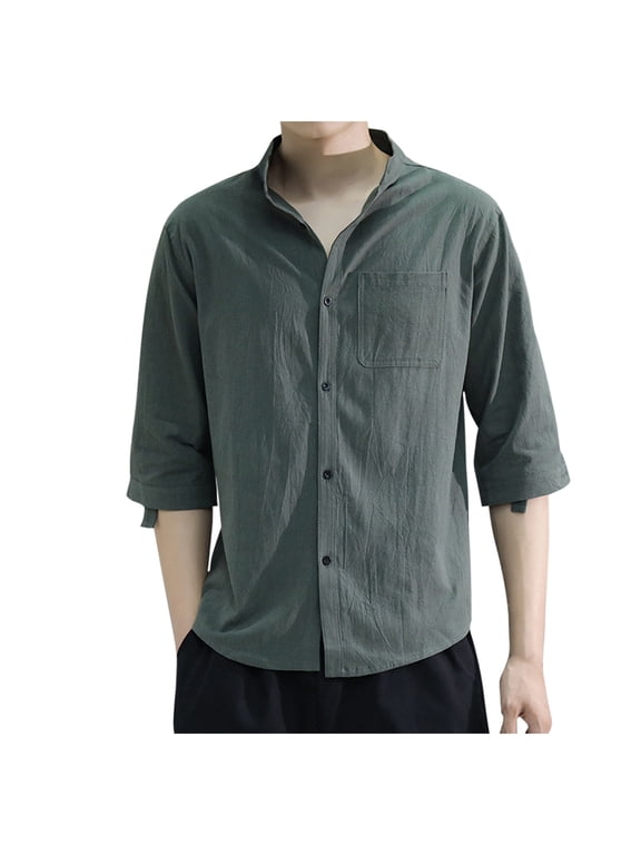 Summer Mens Linen Shirts Casual Button Down Tops Stand Collar Pullover Classic Staple Shirts for Men Summer Cozy Clothes Solid Color Shirt Long Sleeve Tee Tops Green XXXXL