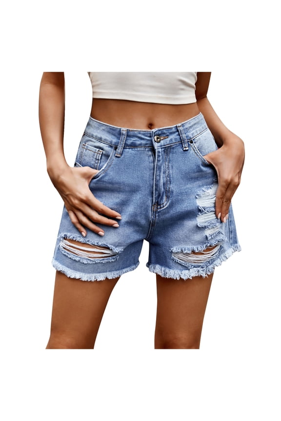 Summer New Women's Solid Button Broken Hole Zipper Pocket Fashion Casual Short Jeans Mid Waist Stretchy Pockets Hot Jean Shorts Casual Denim Hole Shorts Frayed Hem Ripped Blue 8
