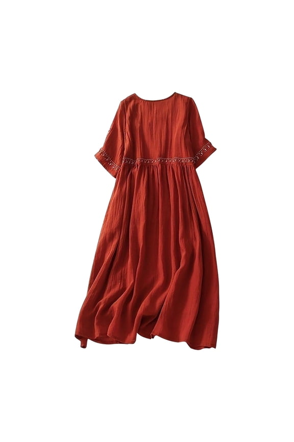 Summer Plus Size Bohemian Vintage Embroidered Cotton Linen Maxi Dress Short Sleeve & Flowy Midi Plain Summer Red XXL