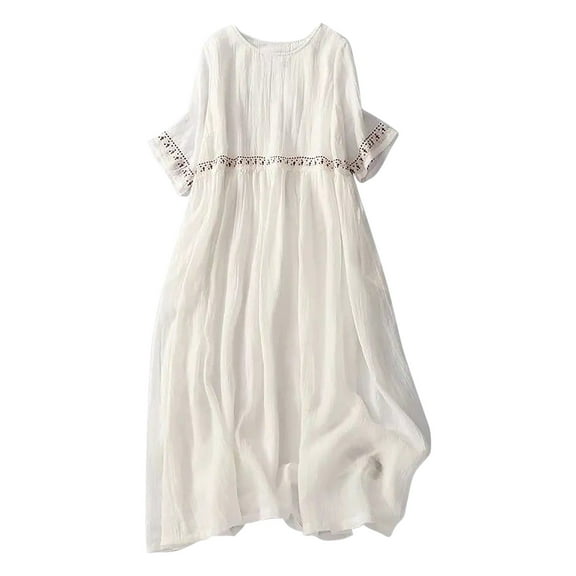 SMihono Summer Plus Size Bohemian Vintage Embroidered Cotton Linen Maxi Dress Short Sleeve & Flowy Midi Plain Summer White XXXXL