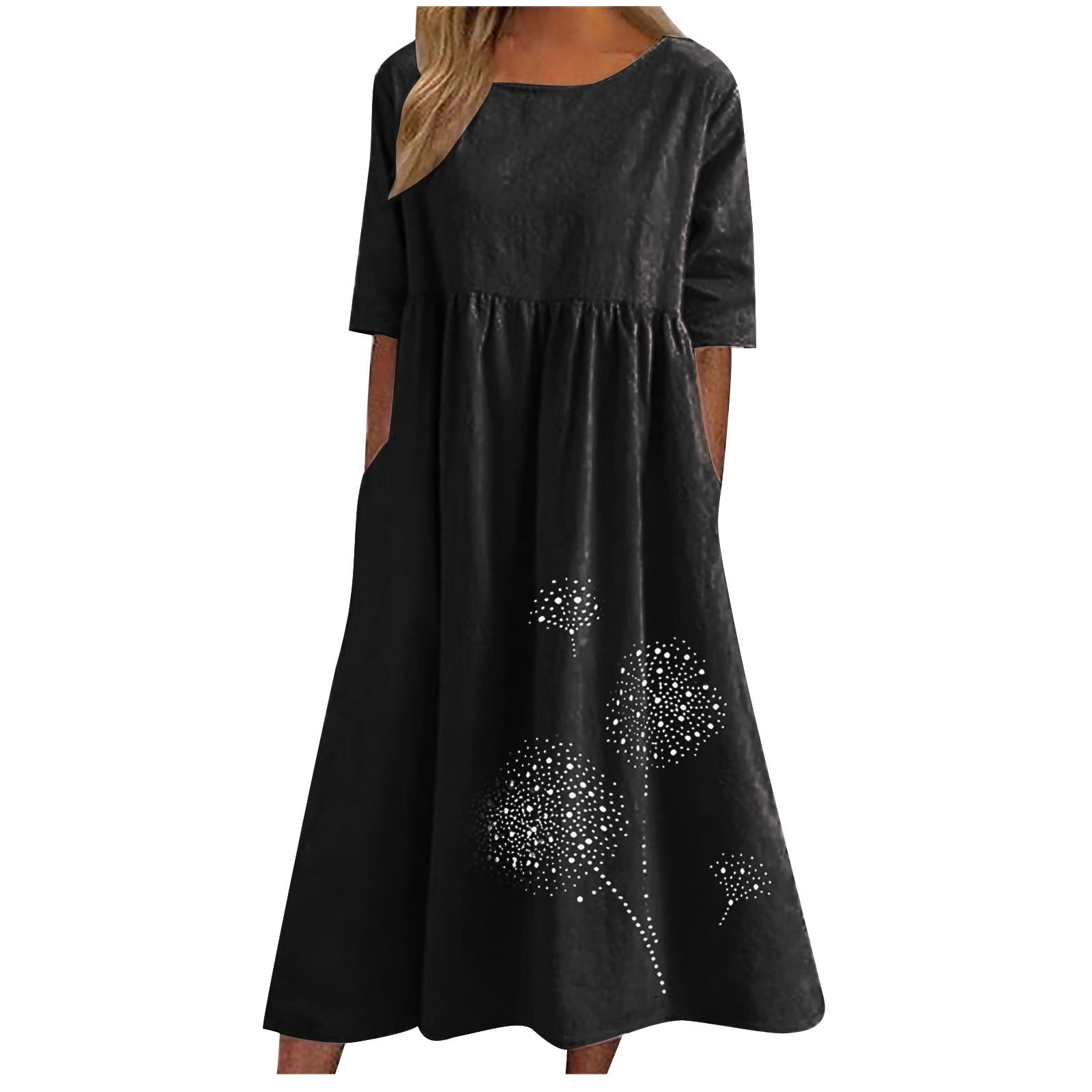 SMihono Summer Plus Size Boho Dresses with Pocket for Women Dandelion Print  House Dress Crew Neck Babydoll Loose Casual Holiday Relaxed Flowy Beach  Dress Drop Short Sleeve Prom Dress Black 16 