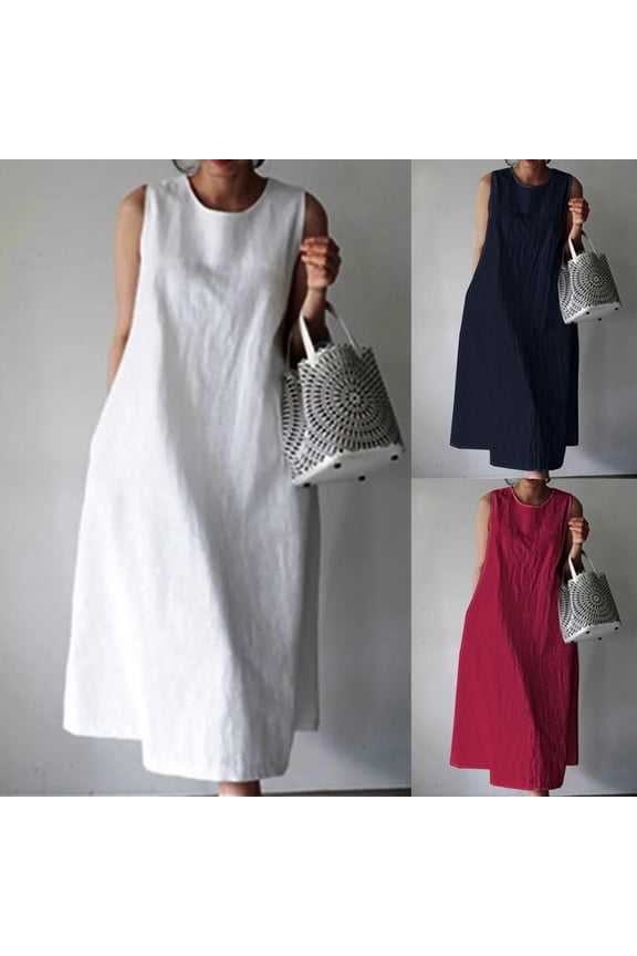 Summer Plus Size Cotton Linen Tank Top Dress with Pockets Shopping Wear for Women Comfy Loose Casual Straight Shift Dress Sleeveless Classic Solid House Dress Boat Neck Babydoll White 14