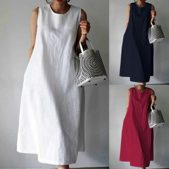 SMihono Summer Plus Size Cotton Linen Tank Top Dress with Pockets Shopping Wear for Women Comfy Loose Casual Straight Shift Dress Sleeveless Classic Solid House Dress Boat Neck Babydoll White 14
