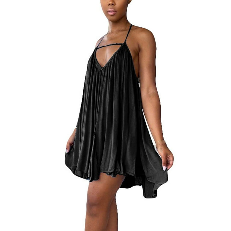 SMihono Summer Plus Size Open Back Sexy Strap Dress for Women Slip Cute Solid House Dress Halter V Neck Babydoll Pleated Irregular Swing Smocked Sexy Backless Sleeveless Prom Dress Black 10 Walmart ...