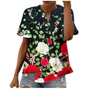 SMihono Summer Plus Size T-Shirts Wrap Tops for Women Dressy Slit Neck Shirts Loose Casual Comfy Tunic Blouse Drop Shoulder Short Sleeve Womens Tops Classic Floral Tees Trendy 2023 Black 8