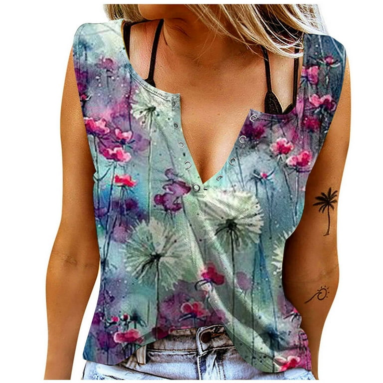 SMihono Summer Sexy Tank Tops for Women Buttons Split V Neck Ring Hole  Shirts Loose Fit Casual Flowy Blouse Stretch Classic Body Suits Trendy 2023