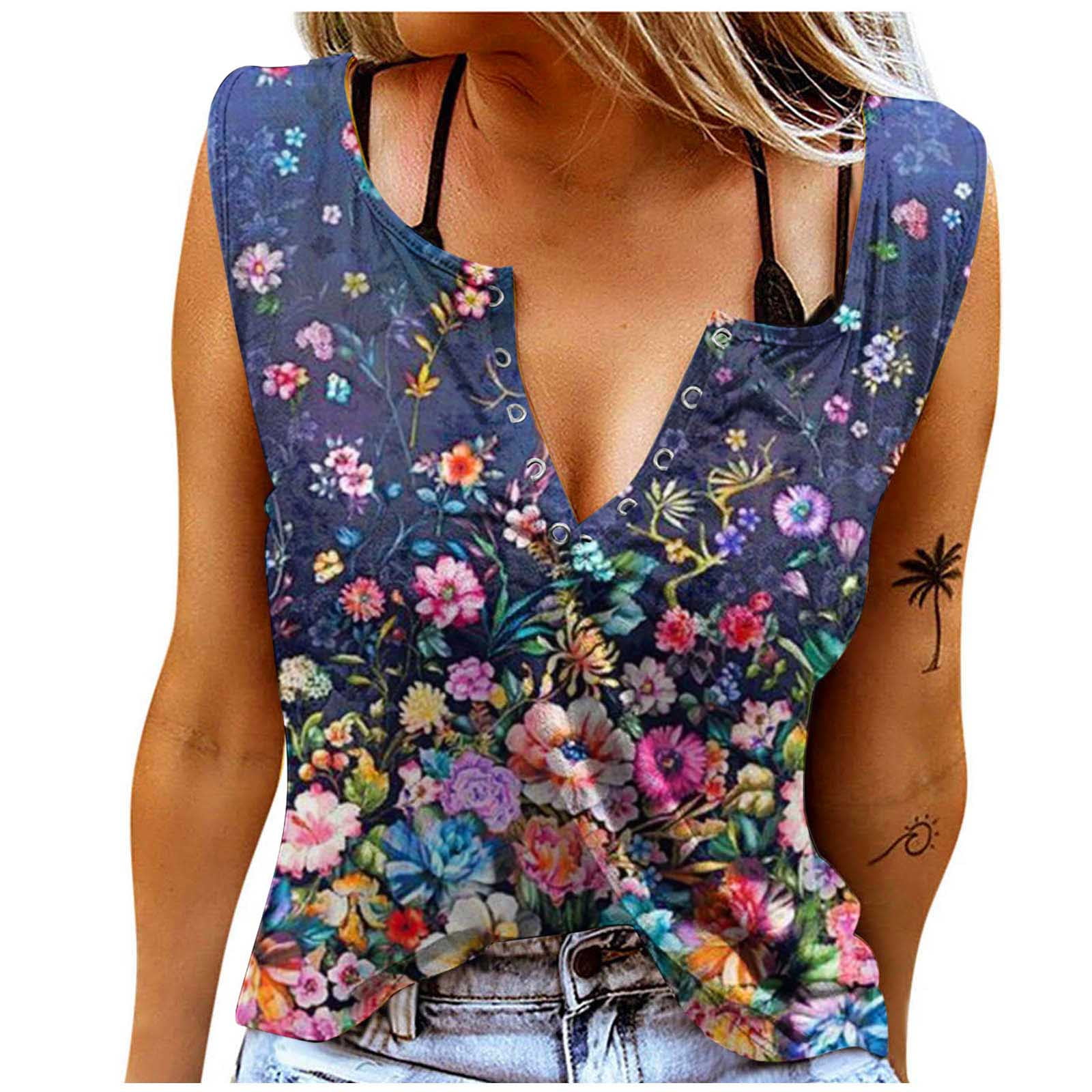 SMihono Summer Sexy Tank Tops for Women Buttons Split V Neck Ring Hole  Shirts Loose Fit Casual Flowy Blouse Stretch Classic Body Suits Trendy 2023