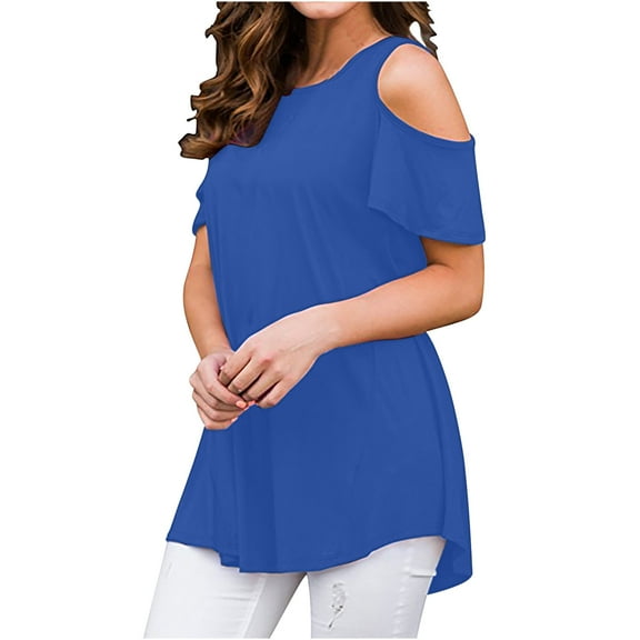 SMihono Summer Women's Peplum Tops Casual Blouse Fashion Workout Off Shoulder Short Sleeve Tees Fashion 2023 Trendy Vintage Solid Shirts Crew Neck Tops Ruffle Beach Relaxed Dressy Blouse Blue 12