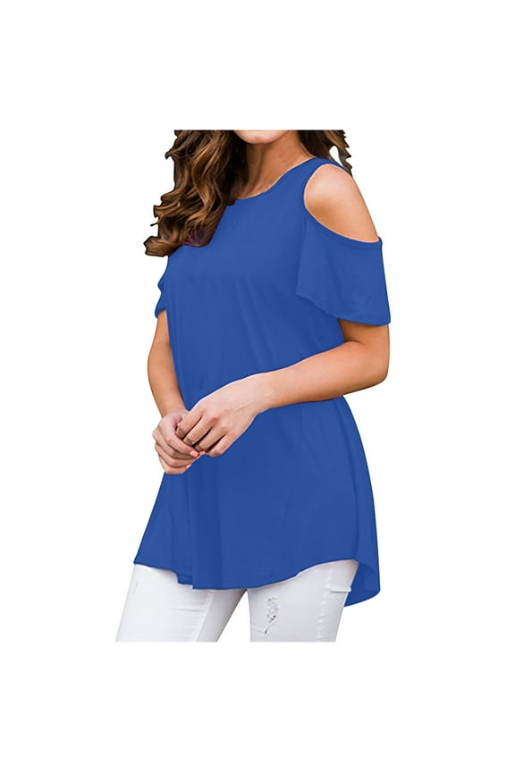 Summer Women's Peplum Tops Casual Blouse Fashion Workout Off Shoulder Short Sleeve Tees Fashion 2023 Trendy Vintage Solid Shirts Crew Neck Tops Ruffle Beach Relaxed Dressy Blouse Blue 12