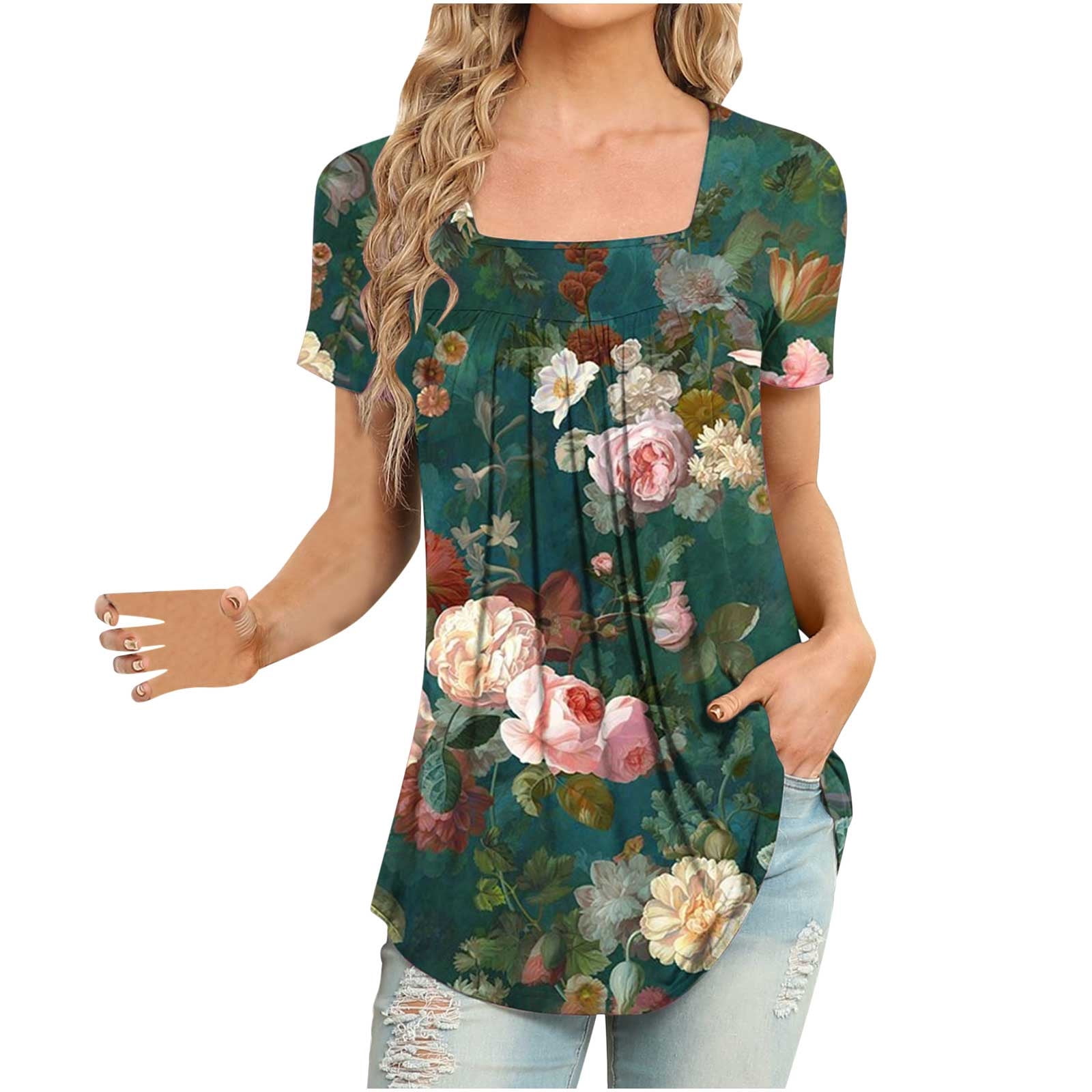 SMihono Summer Women's Peplum Tops Tunic Tees Deals Relaxed Irregular Hem  Loose Casual Blouse Workout Short Sleeve Tees Fashion 2023 Trendy Retro  Floral Shirts Square Collar Tops Blue 8 