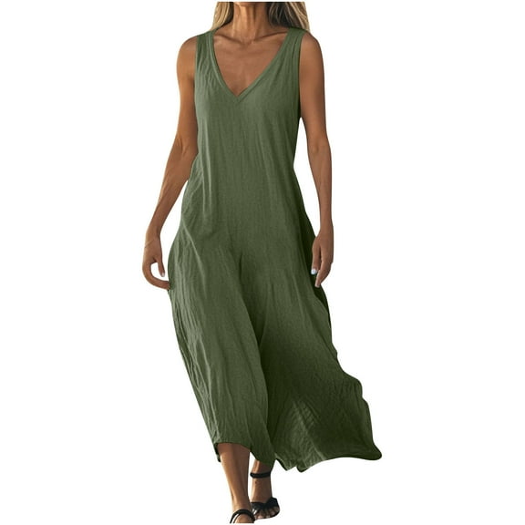 SMihono Sundresses for Women 2025 Maxi Boho Beach Dress Trendy V Neck Sleeveless Loose Long Dress Flowy Summer Sundress Army Green S
