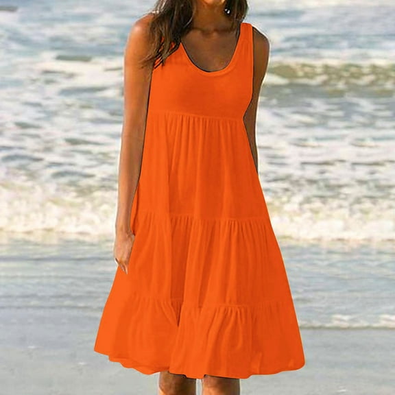 SMihono Sundresses for Women 2025 Vacation Summer Beach Dresses Casual Flowy Knee Length Tshirt Dress Sleeveless Ruffle Dress Orange XXXL