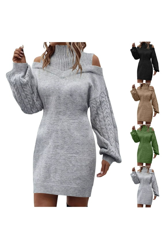 Sweater Dresses for Women Casual Turtleneck Cold Shoulder Long Sleeve Cable Knit Dress 2025 Fall Winter Mini Dress Black M