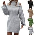 thumbnail image 1 of SMihono Sweater Dresses for Women Casual Turtleneck Cold Shoulder Long Sleeve Cable Knit Dress 2025 Fall Winter Mini Dress Green XL, 1 of 10