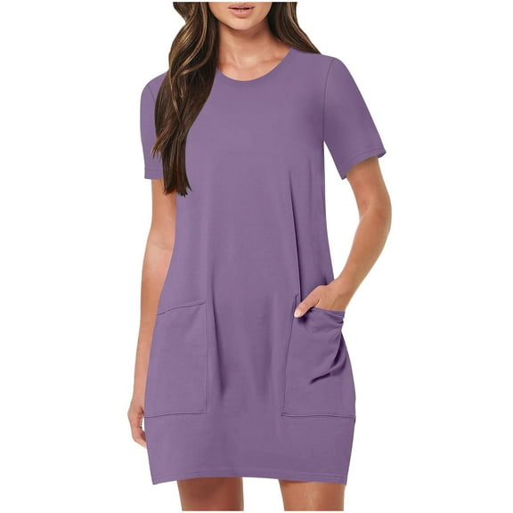 SMihono T Shirt Dresses for Women 2025 Casual Summer Short Shift Dress Comfy Crew Neck Short Sleeve Dresses with Pockets Purple XXL