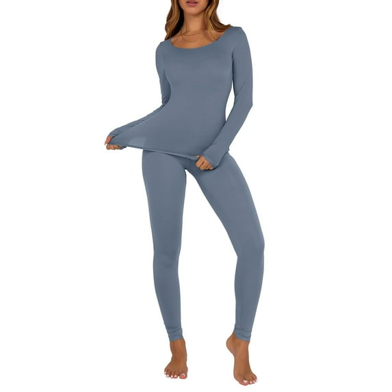 SMihono Thermal Underwear for Women Long Sleeve Round Neck Tops Long Johns Sets Base Layer Fall Winter 2 Pieces Pajams Set Dark Gray L