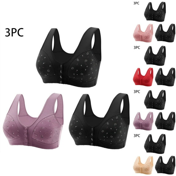 SMihono Trendy 3 Pack Daisy Bras for Older Women,Plus Size Front Closure Breathable Button Bra Full Support No Underwire Everyday Bras Beige L