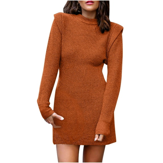 SMihono Trendy Hip Wrap Short Sweater Dresses for Women Slim Fit Casual Womens Autumn and Winter Warm Solid Color Long Sleeve Mock Neck Solid Color Female Leisure Orange L