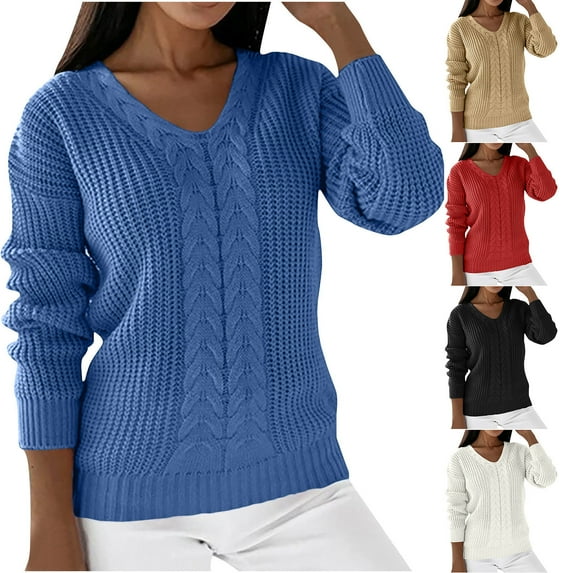 SMihono Trendy Knit Sweater Fashion Warm Gifts for Young Girls Women Long Sleeves V-Neck Pullover Solid Color Casual Blouse Tops White 14