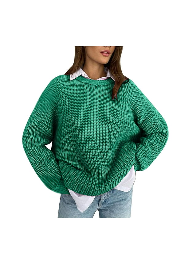 Trendy Knit Sweater Women's Sweater 2023 New Loose Crew Neck Solid Color Long-Sleeved Lazy Style Knitted Sweater Green 10