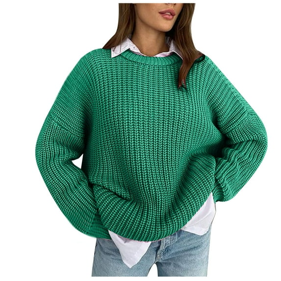 SMihono Trendy Knit Sweater Women's Sweater 2024 New Loose Crew Neck Solid Color Long-Sleeved Lazy Style Knitted Sweater Green 8