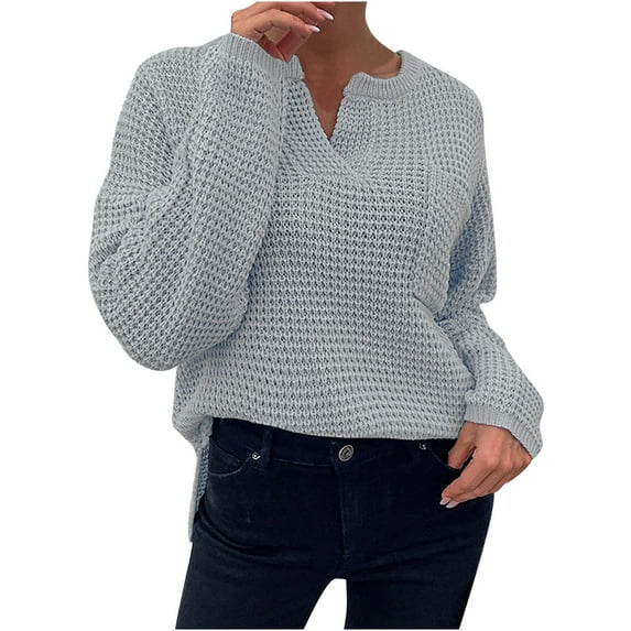 SMihono Trendy Plus Size Knit Sweater Women Fashion V-neck Long Sleeve Top Solid Pocket Sweater Gray 4