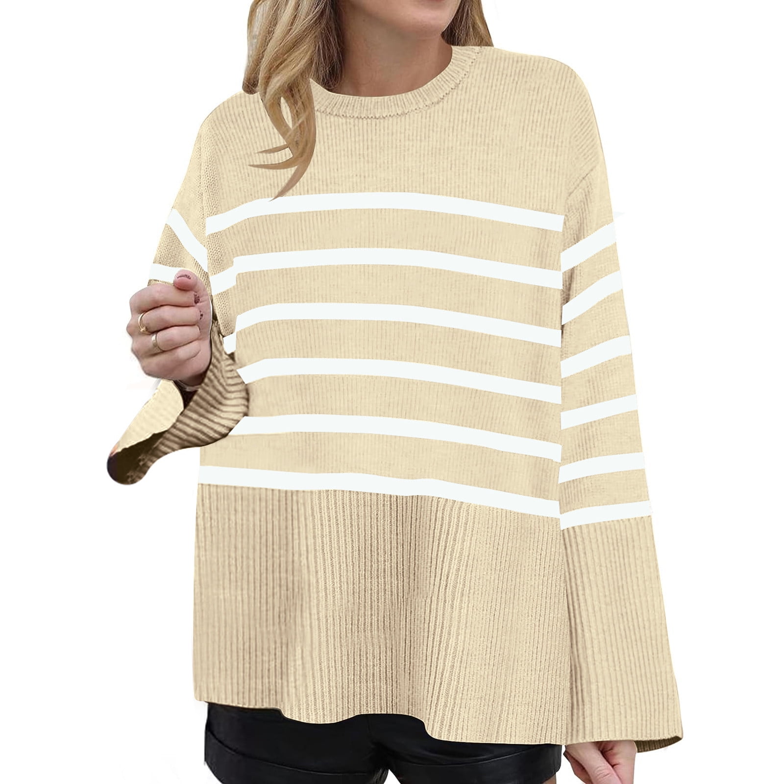 SMihono Trendy Plus Size Knit Sweater Women s Striped Long Sleeve Crew NeckSide Slit Oversized Pullover Sweater Jumper Khaki 6 Walmart