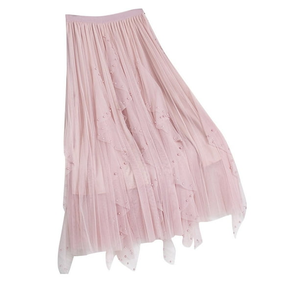 SMihono Tulle Skirts for Women Mesh Tiered Layered Tutu Skirt, High Low Elastic Waist A Line Party Midi Tulle Skirt Pink 4-8