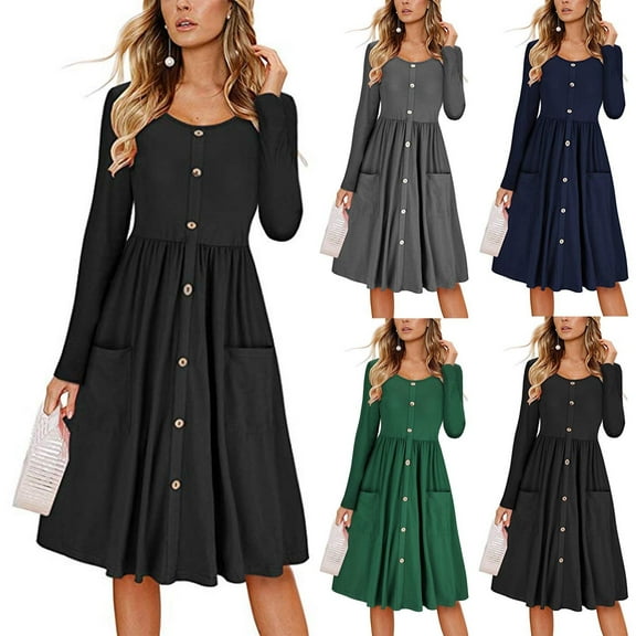 SMihono Tunic Button Down Midi Dresses Long Sleeve with Pockets Sundress Casual Trendy Dress Loose Fit Boho Dress Cute Clothing Black 8