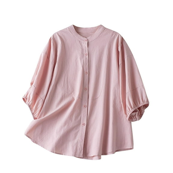 SMihono Fashion Women's Summer Stand Collar Puff Sleeve Cotton Linen Blouse Shirt Loose Buttons Tunic Tops Pink Free Size